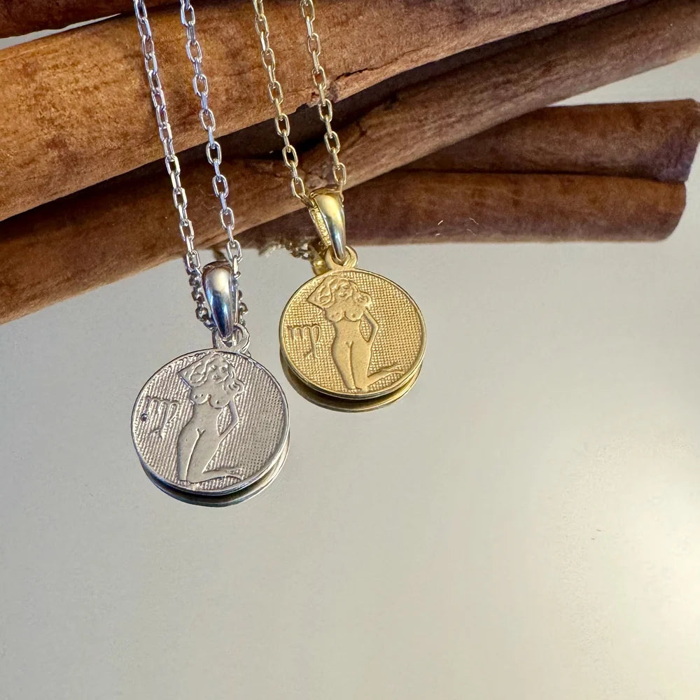 Elegant gold and silver zodiac pendants, perfect for women, featuring intricate Virgo goddess designs on delicate chains.