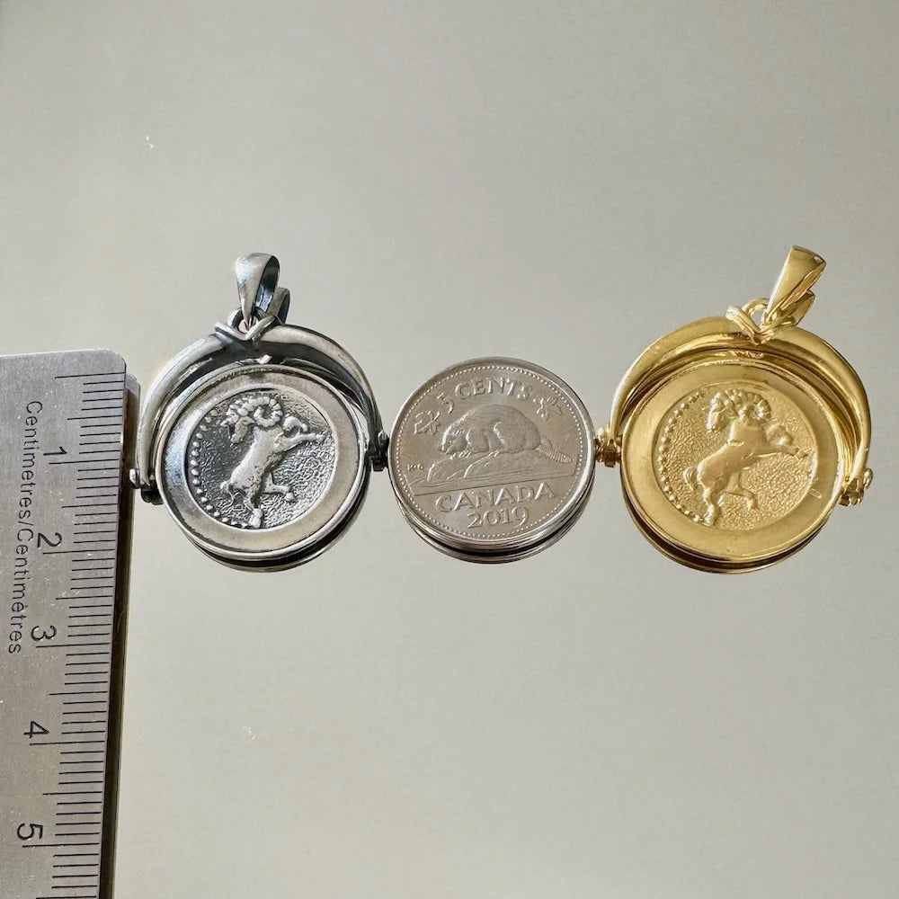 Silver and gold coin pendant locket, unisex, perfect for vintage lovers and special occasions.