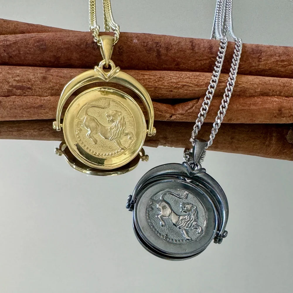 Gold and silver lion medallion pendants, perfect for men and women, showcasing a vintage zodiac theme.
