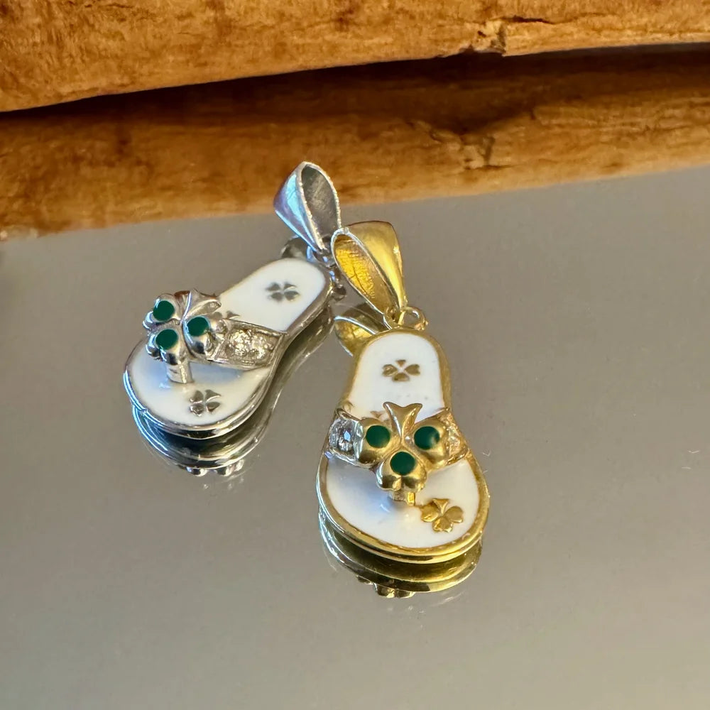 Gold and silver flip flop charm pendants with green gemstones, perfect for beach lovers and summer occasions.