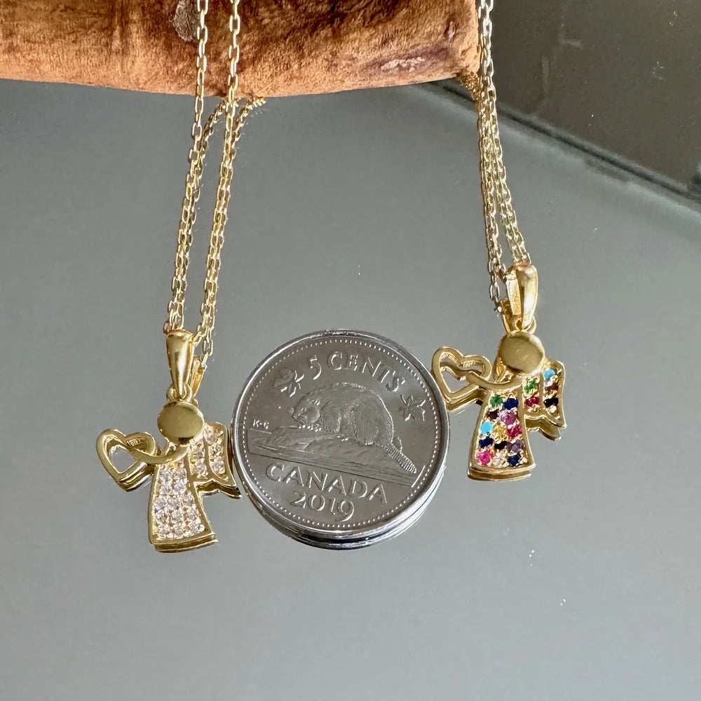 Gold angel charm necklaces with colorful gemstones, perfect for women seeking a delicate, meaningful accessory.