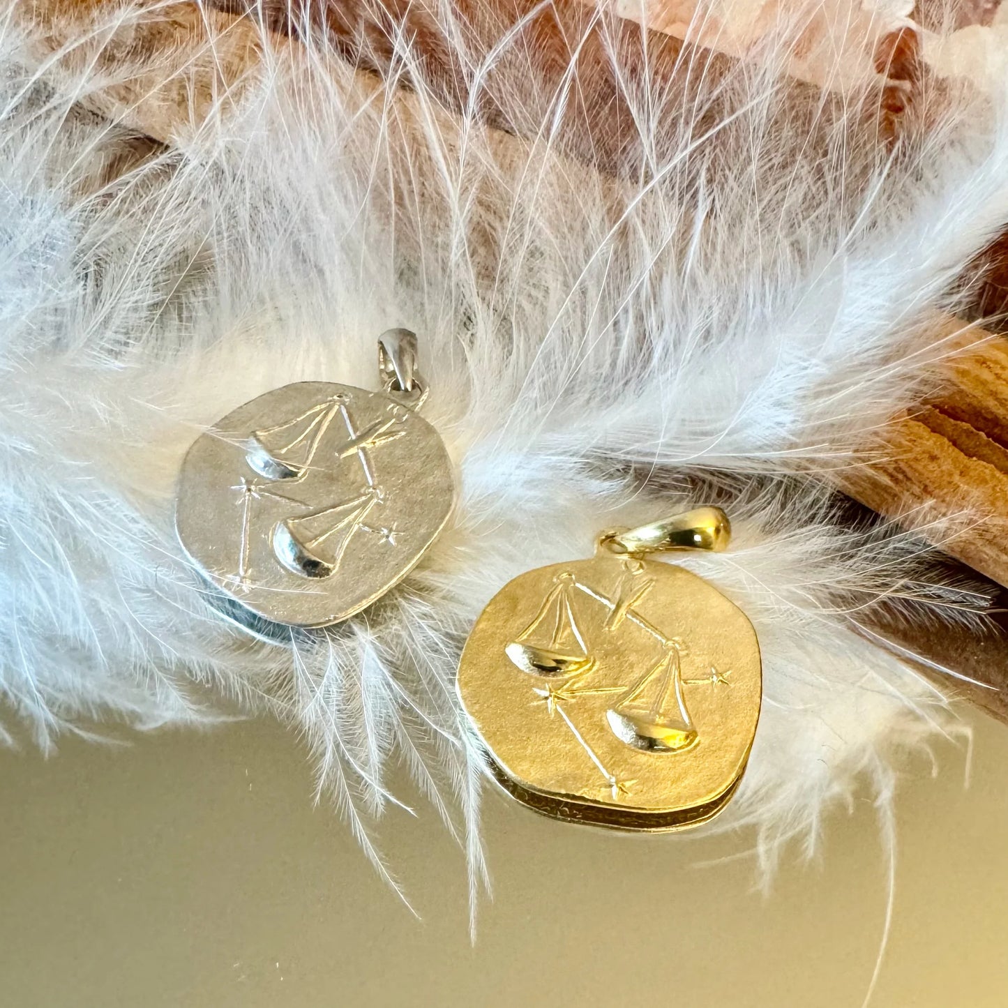 Elegant silver and gold zodiac scale pendants, perfect for women and unisex styles, ideal for astrology lovers.