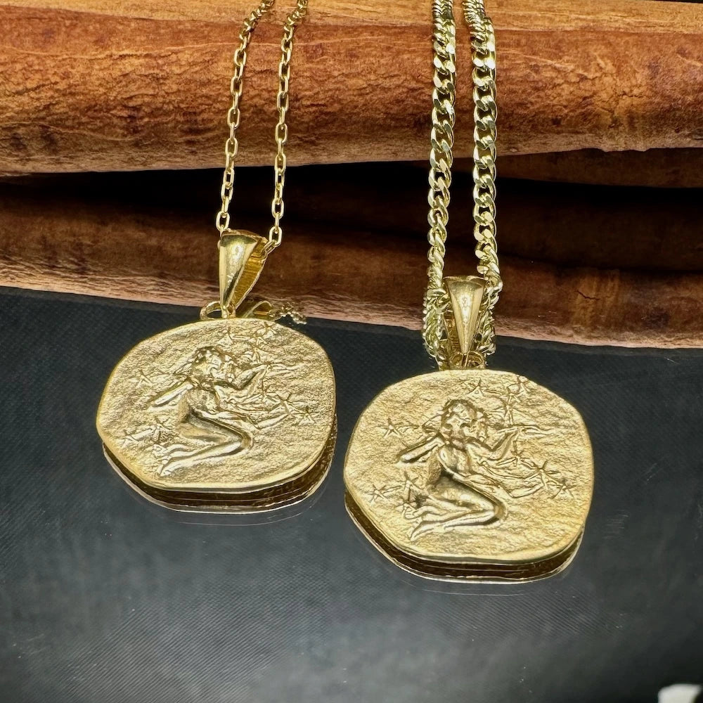 Gold mermaid pendant necklace set with intricate detailing, perfect for women seeking a vintage, bohemian style.