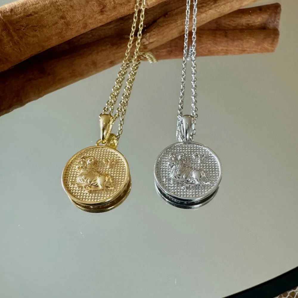 Gold and silver lion medallion necklaces, perfect for women or men seeking a vintage, stylish accessory.