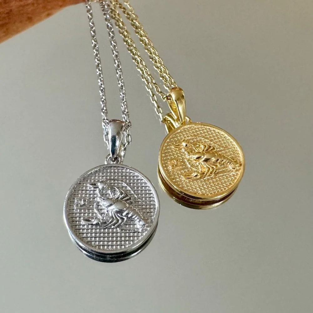 Stylish silver and gold zodiac charm necklaces featuring a scorpion design, perfect for women and astrology lovers.