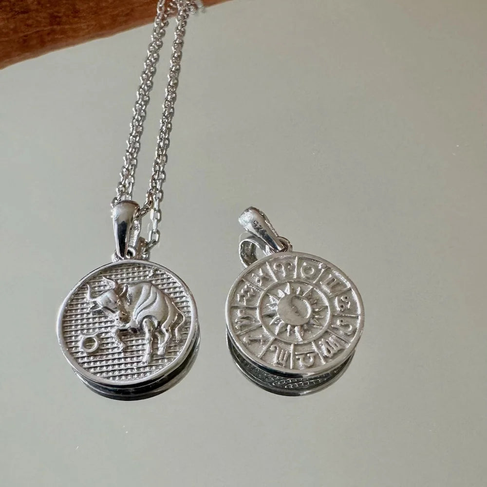 Silver zodiac pendant necklace featuring intricate designs, perfect for women who love unique, astrological jewelry.