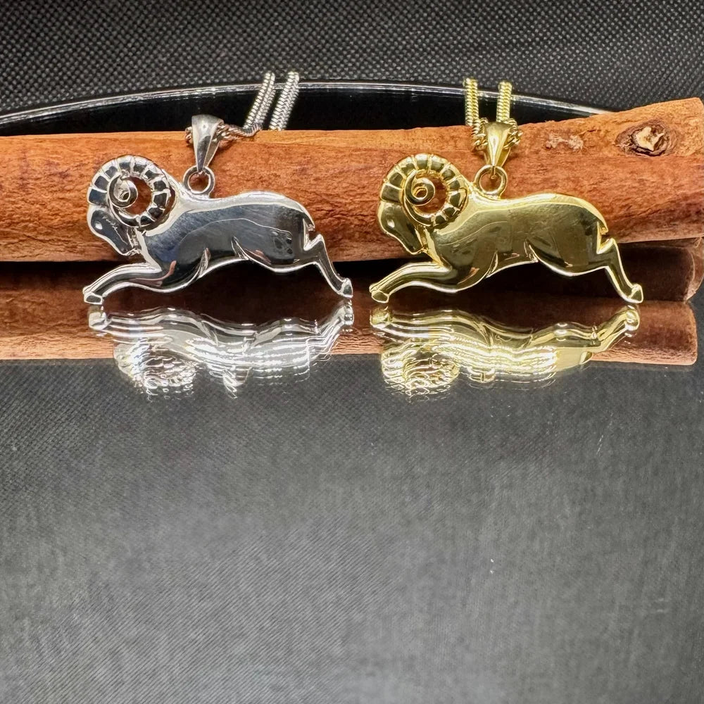 Gold and silver ram pendant necklace, perfect for both men and women, ideal for bohemian or minimalist styles.