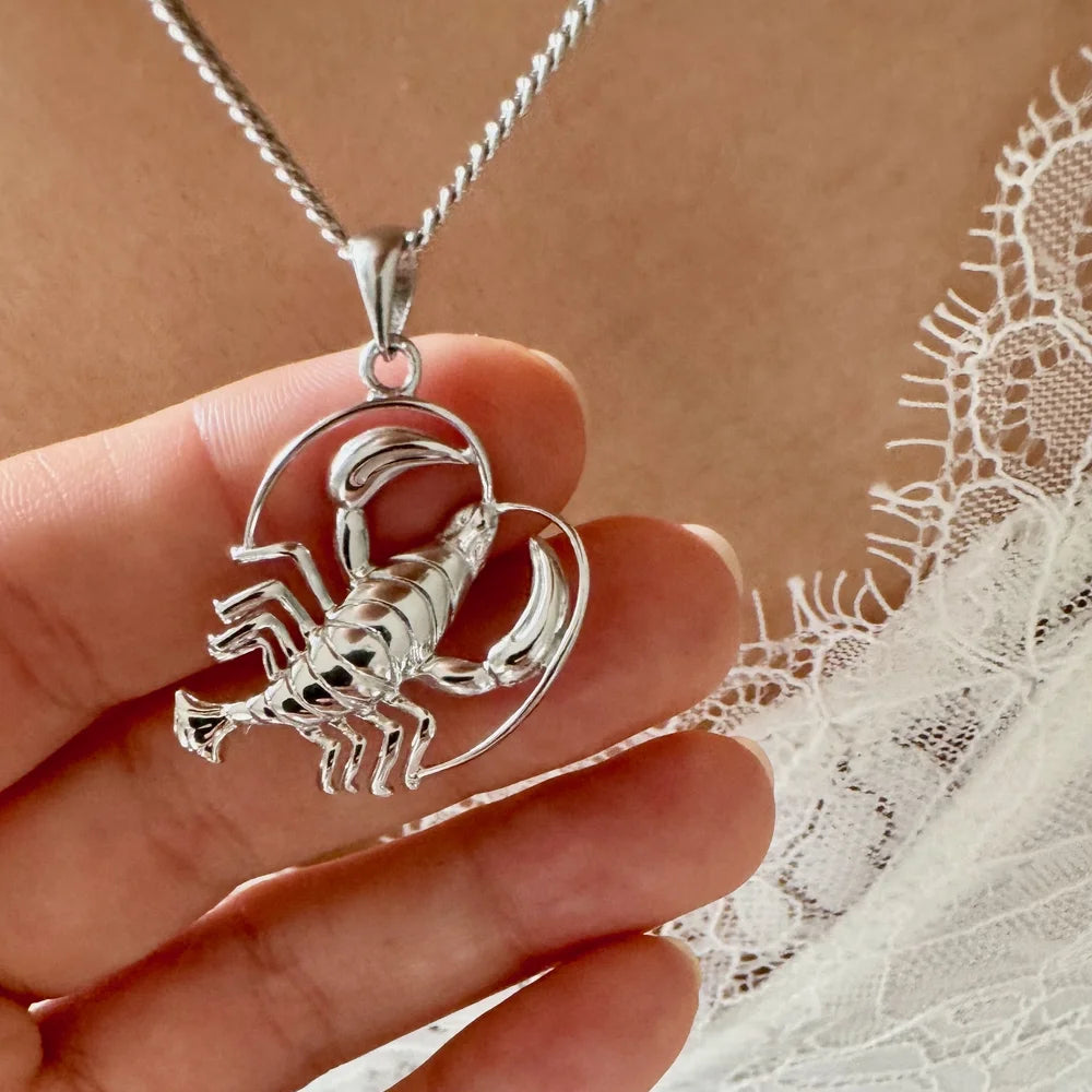 Sterling silver scorpion pendant necklace, perfect for women who love unique, zodiac-inspired jewelry styles.