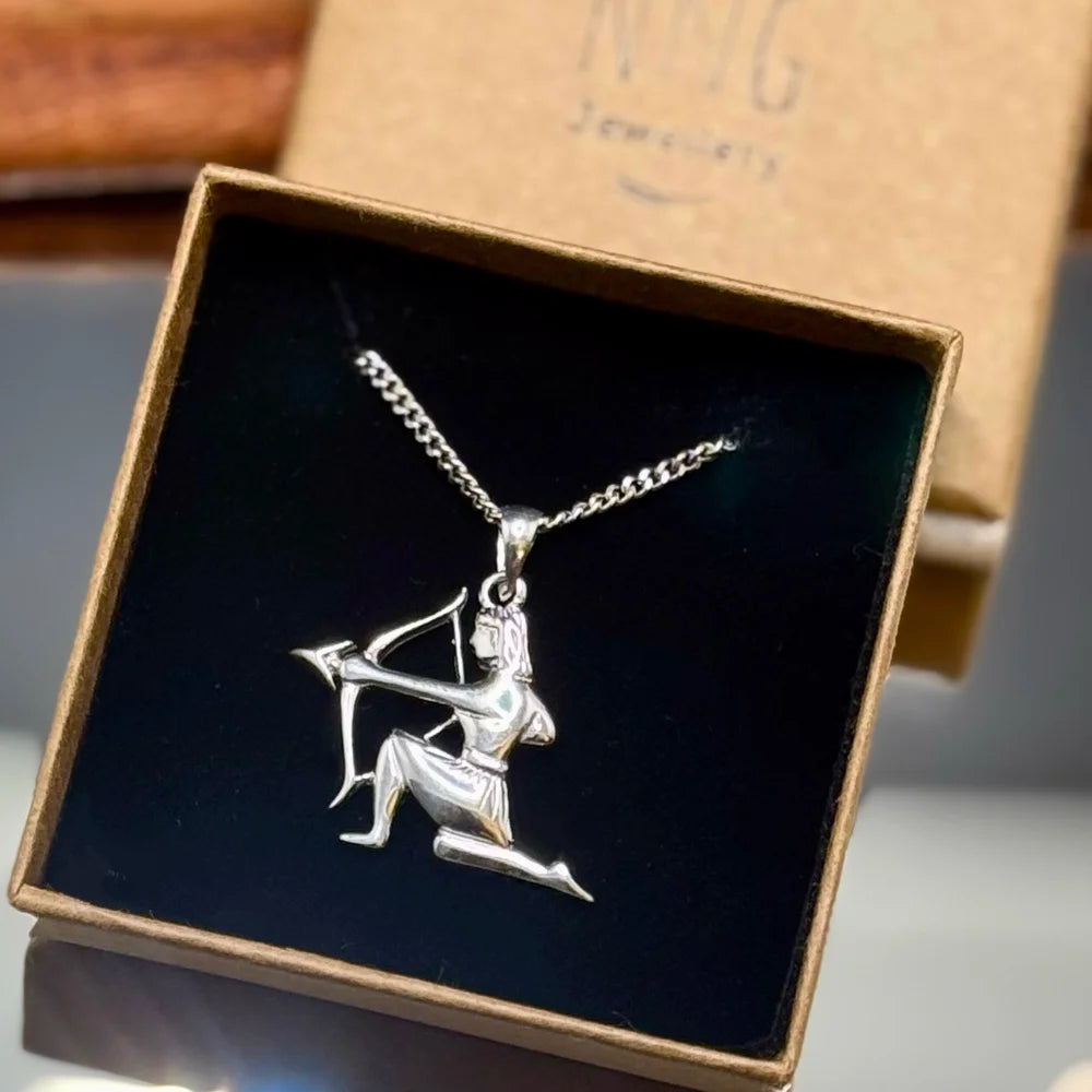 Silver archer pendant necklace, ideal for men and women; a unique, stylish accessory for casual or vintage occasions.