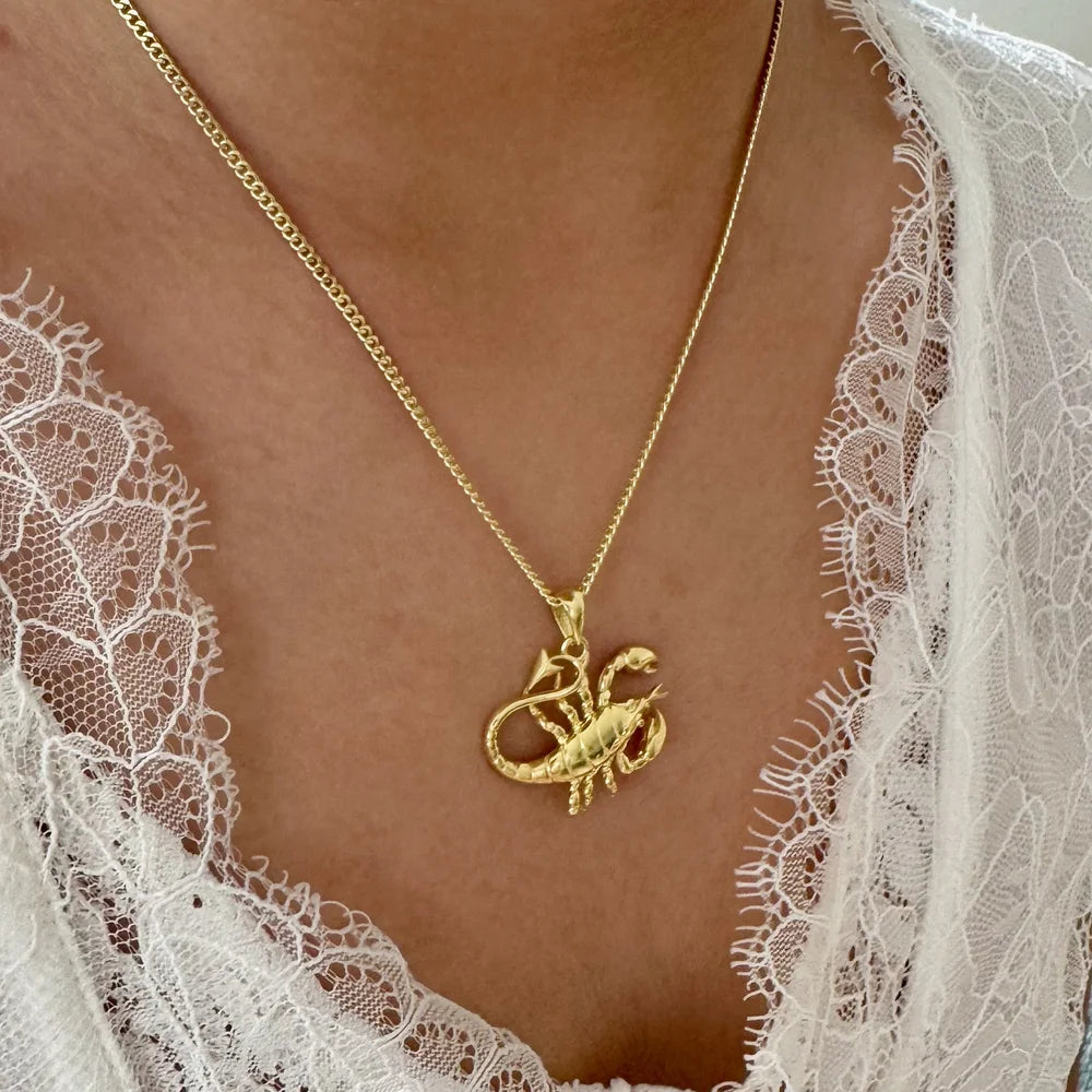 Gold scorpion pendant necklace on a delicate chain, perfect for women seeking unique bohemian style jewelry.
