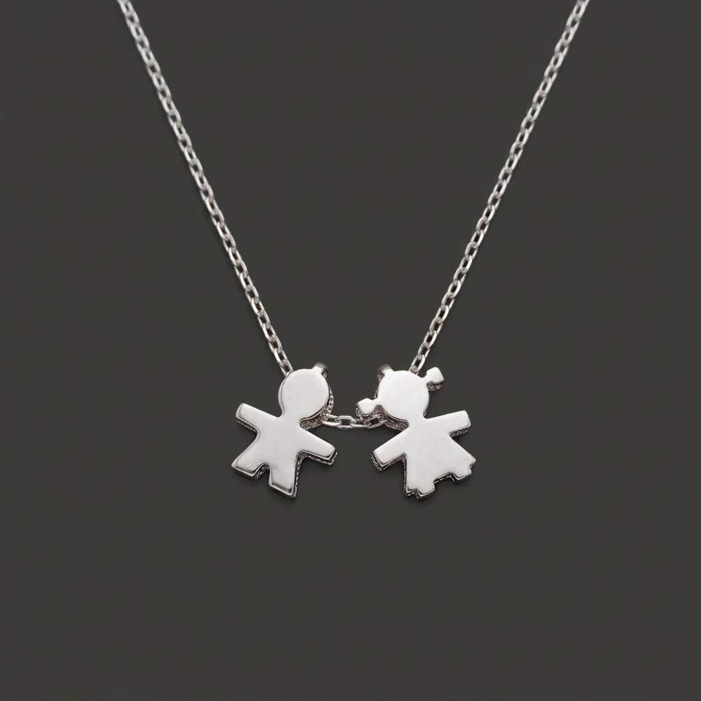 925 Sterling Silver Stick Figure Boy & Girl Necklace – Minimalist Family Charm