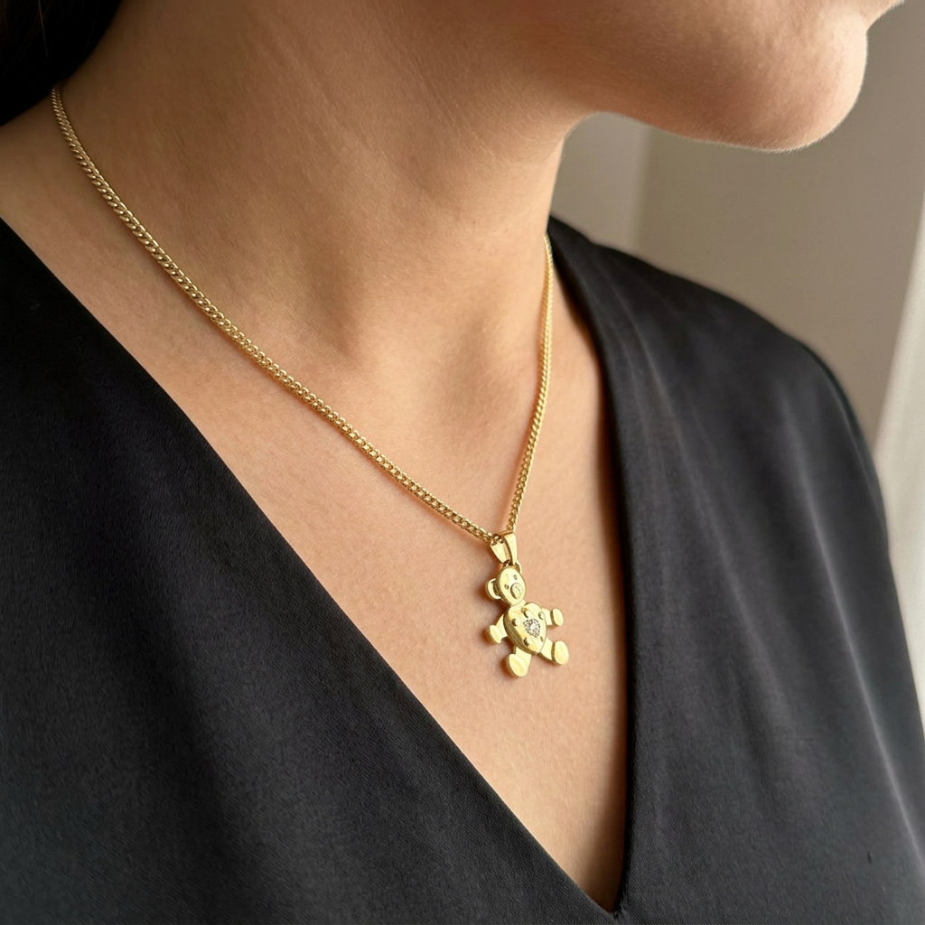 Teddy Bear Necklace - Solid Gold