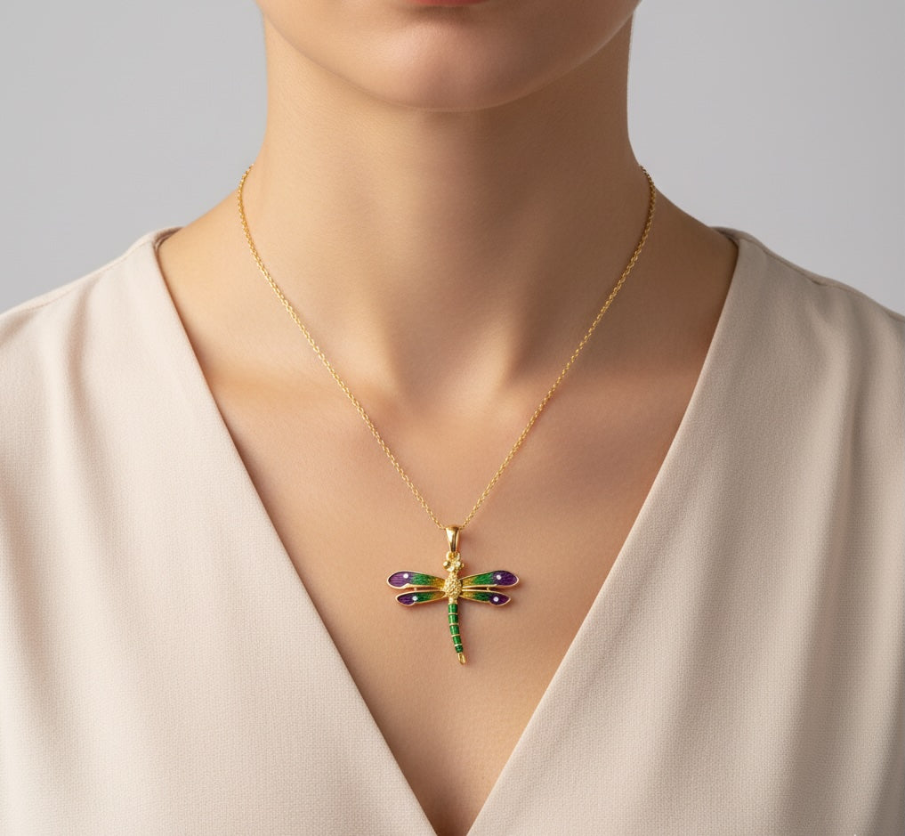 Enchanted Dragonfly Elegance Pendant - Solid Gold