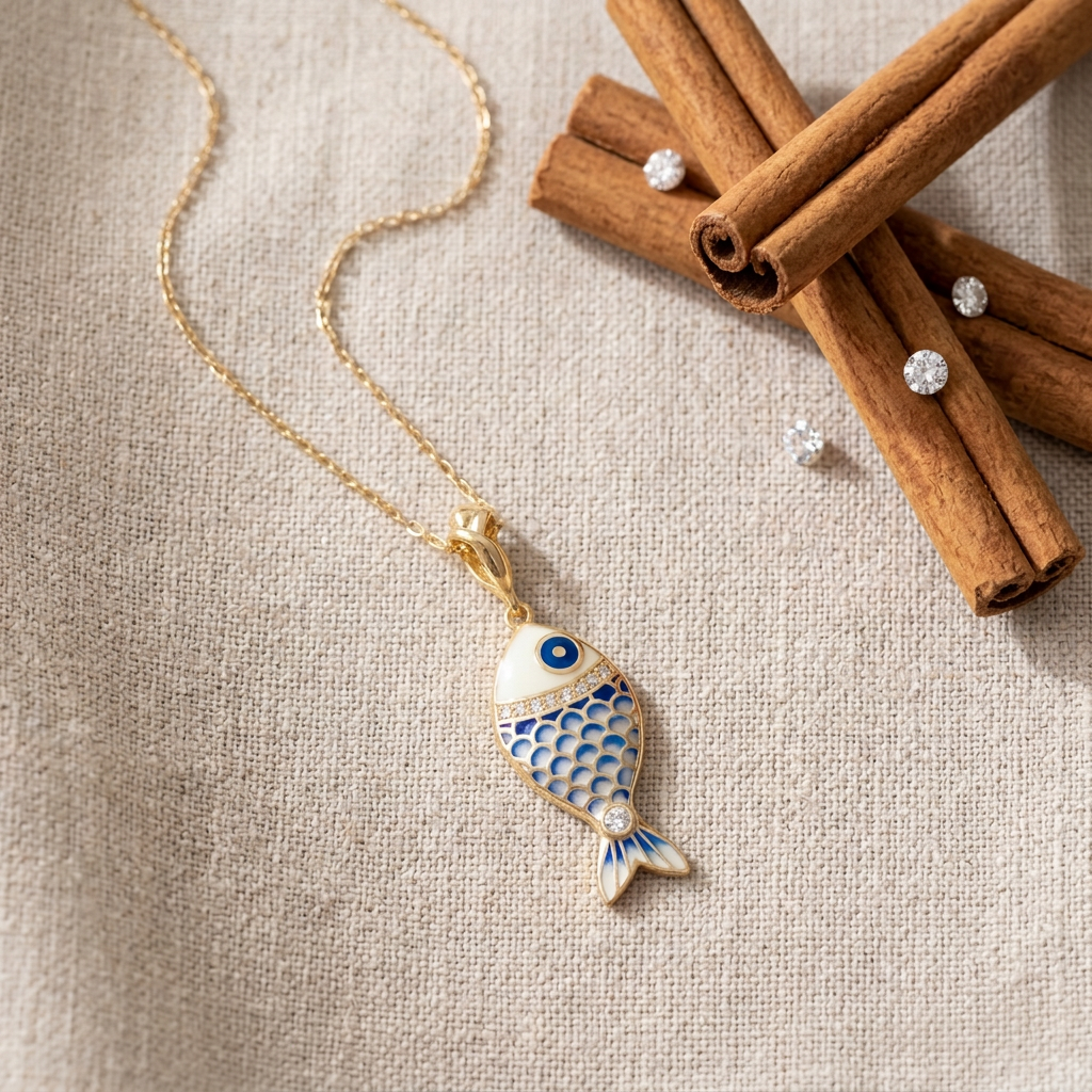 Gold necklace with a fish pendant on a beige fabric background with cinnamon sticks.