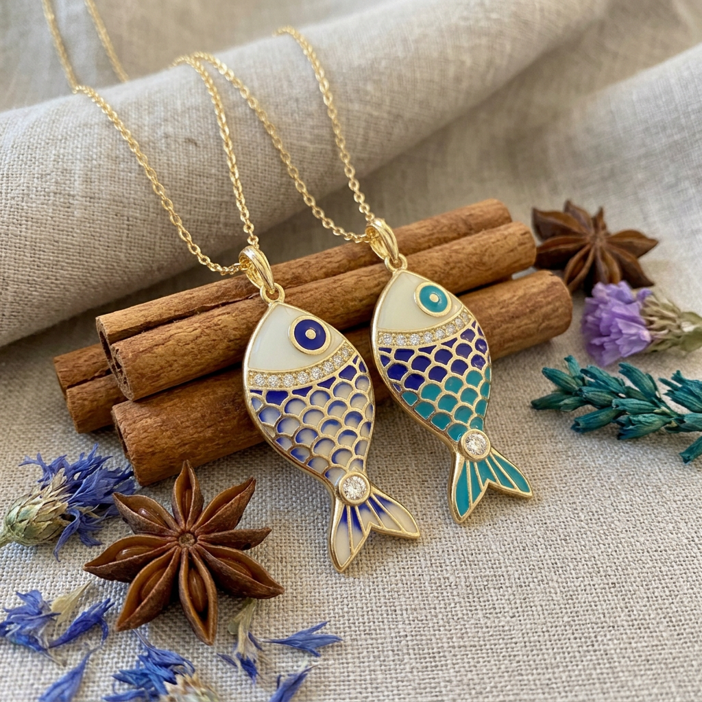 Two fish-shaped necklaces on a textured surface with cinnamon sticks and star anise.
