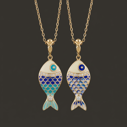 Two gold fish-shaped pendants with blue and green patterns on a dark background