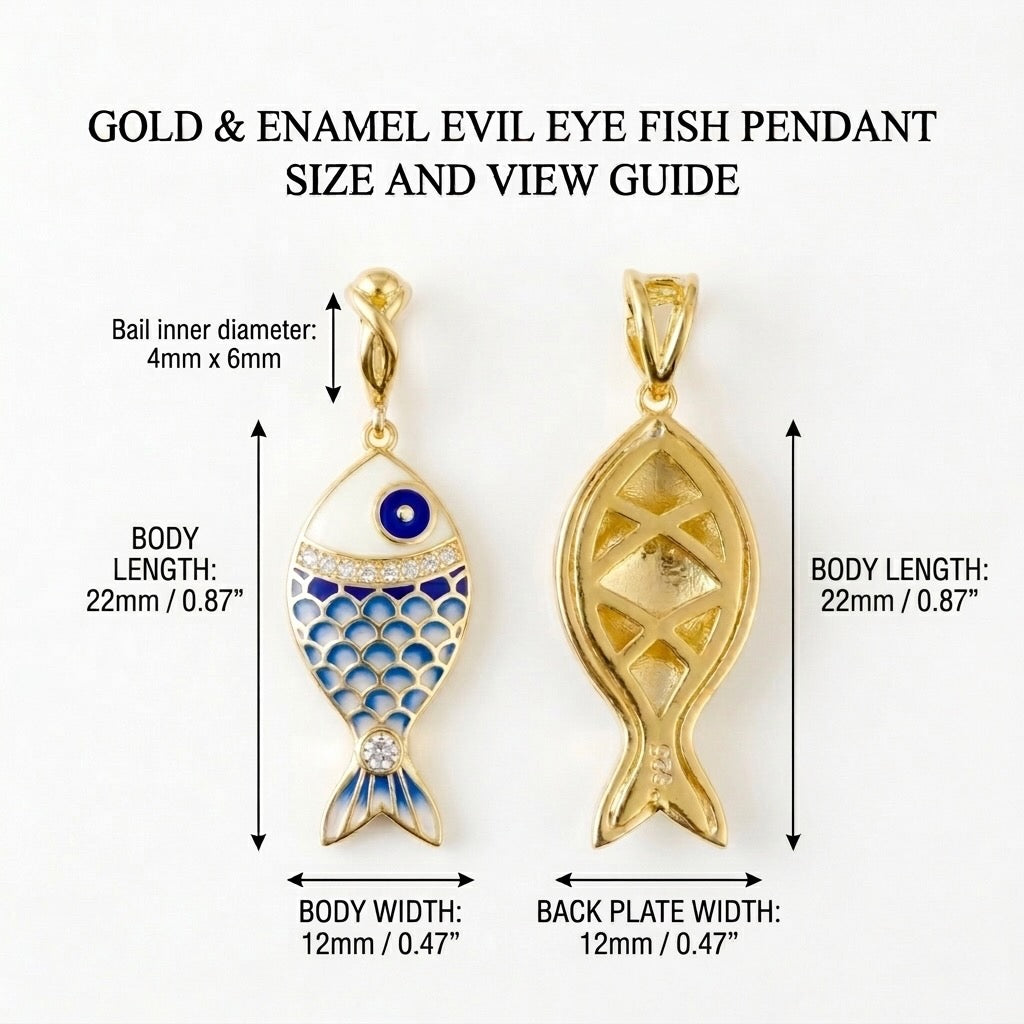 Gold and enamel evil eye fish pendant with size and view guide on a white background