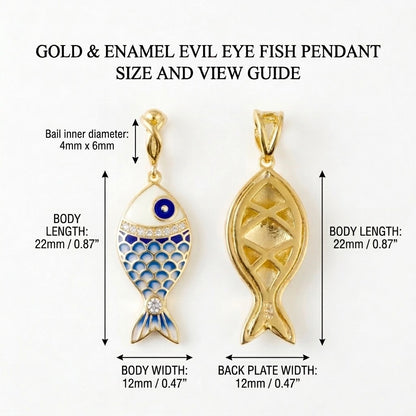 Gold and enamel evil eye fish pendant with size and view guide on a white background