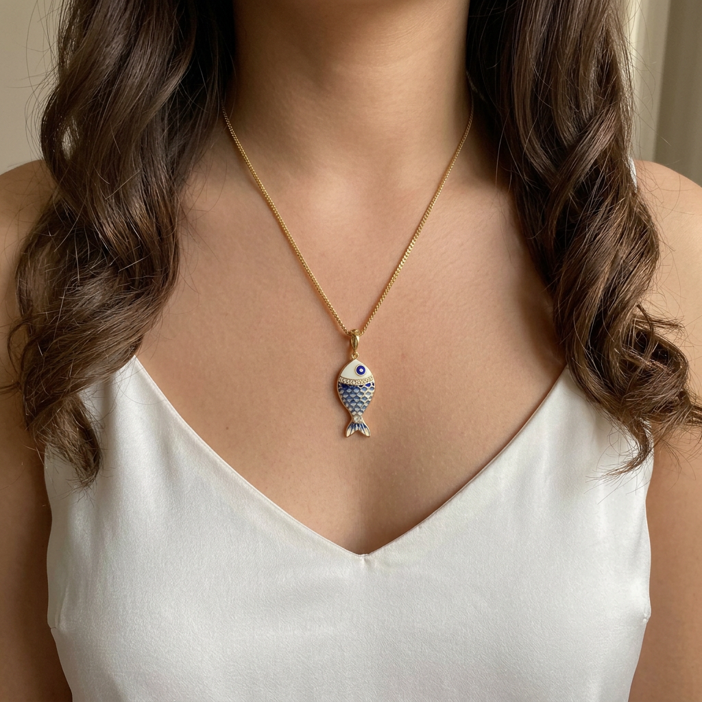 Woman wearing a gold necklace with a fish-shaped pendant