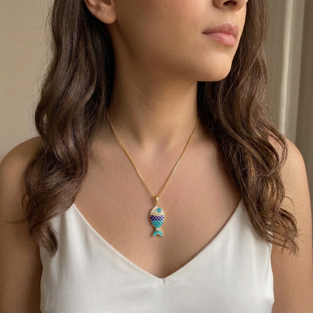 Woman wearing a gold necklace with a fish-shaped pendant