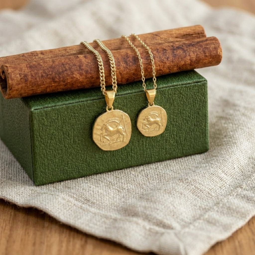 Two gold necklaces with circular pendants on a green box with cinnamon sticks.