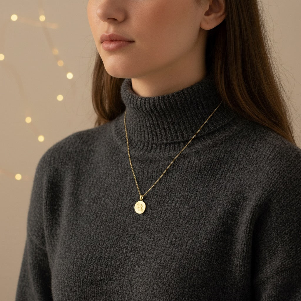 Person wearing a dark gray turtleneck sweater with a gold necklace featuring a round pendant.