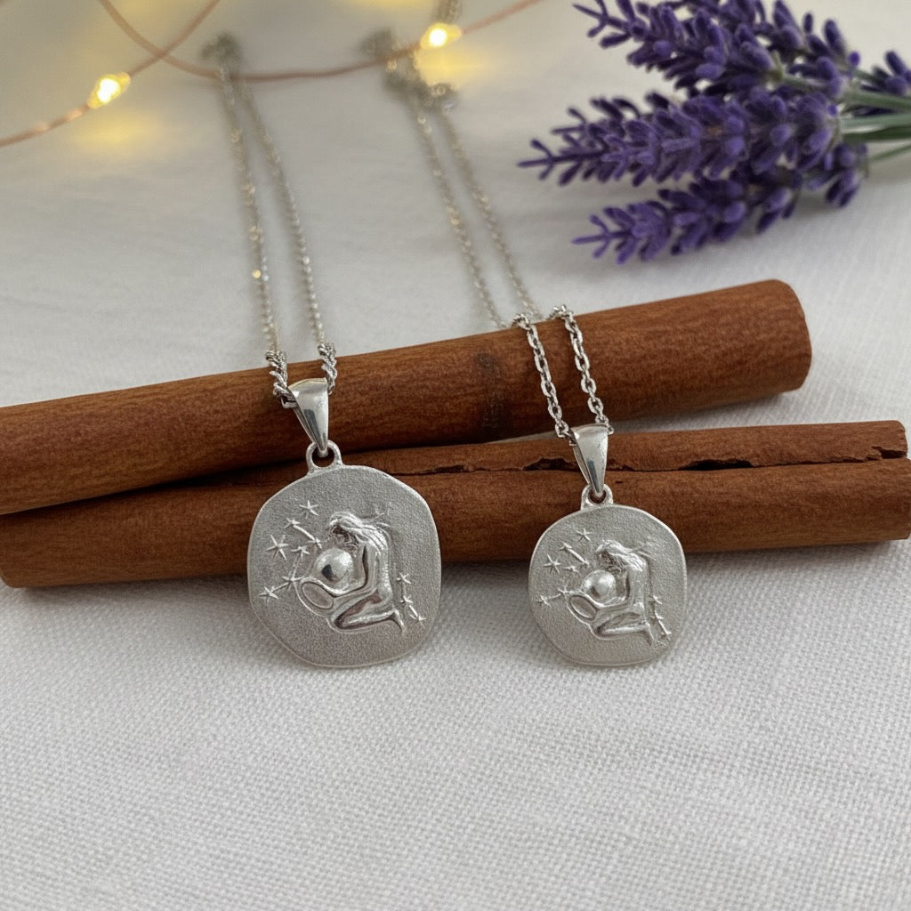 Two silver  zodiac pendants on chains with cinnamon sticks and lavender flowers in the background.