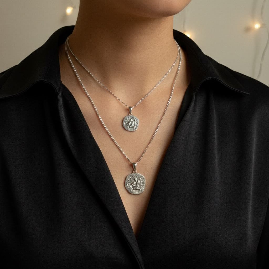 Person wearing two silver necklaces with pendants against a neutral background