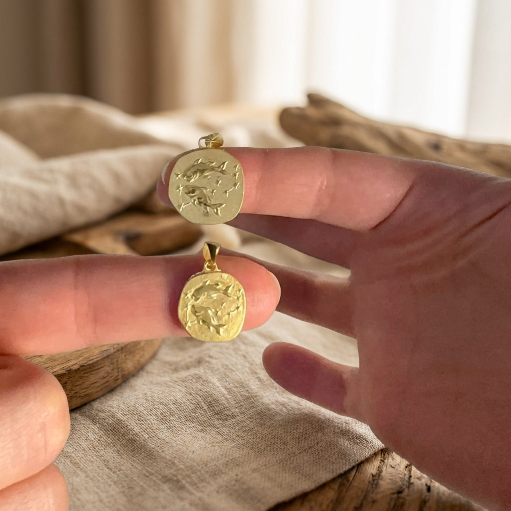 Gold pendant held between fingers with a neutral background