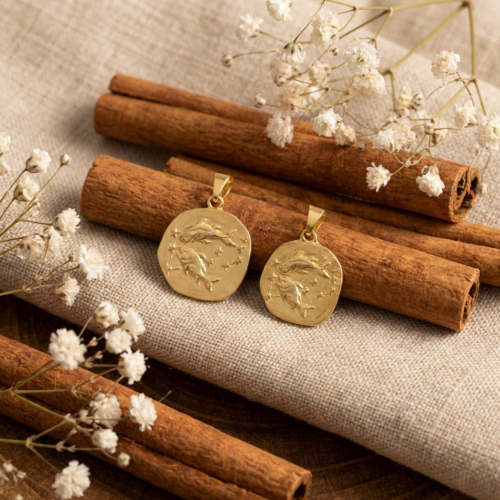 Gold pendants on cinnamon sticks with white flowers on a textured surface