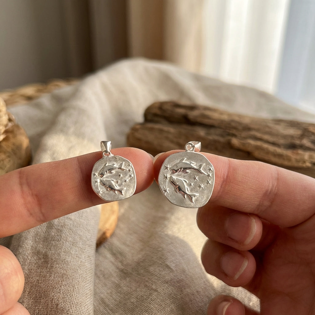 Silver pendants held between fingers with a natural background