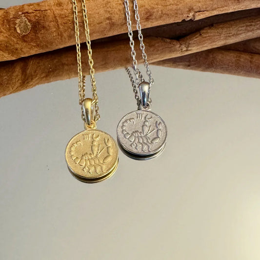 Gold and silver zodiac coin pendants, perfect for women seeking minimalist astrology jewelry. Ideal for everyday wear.