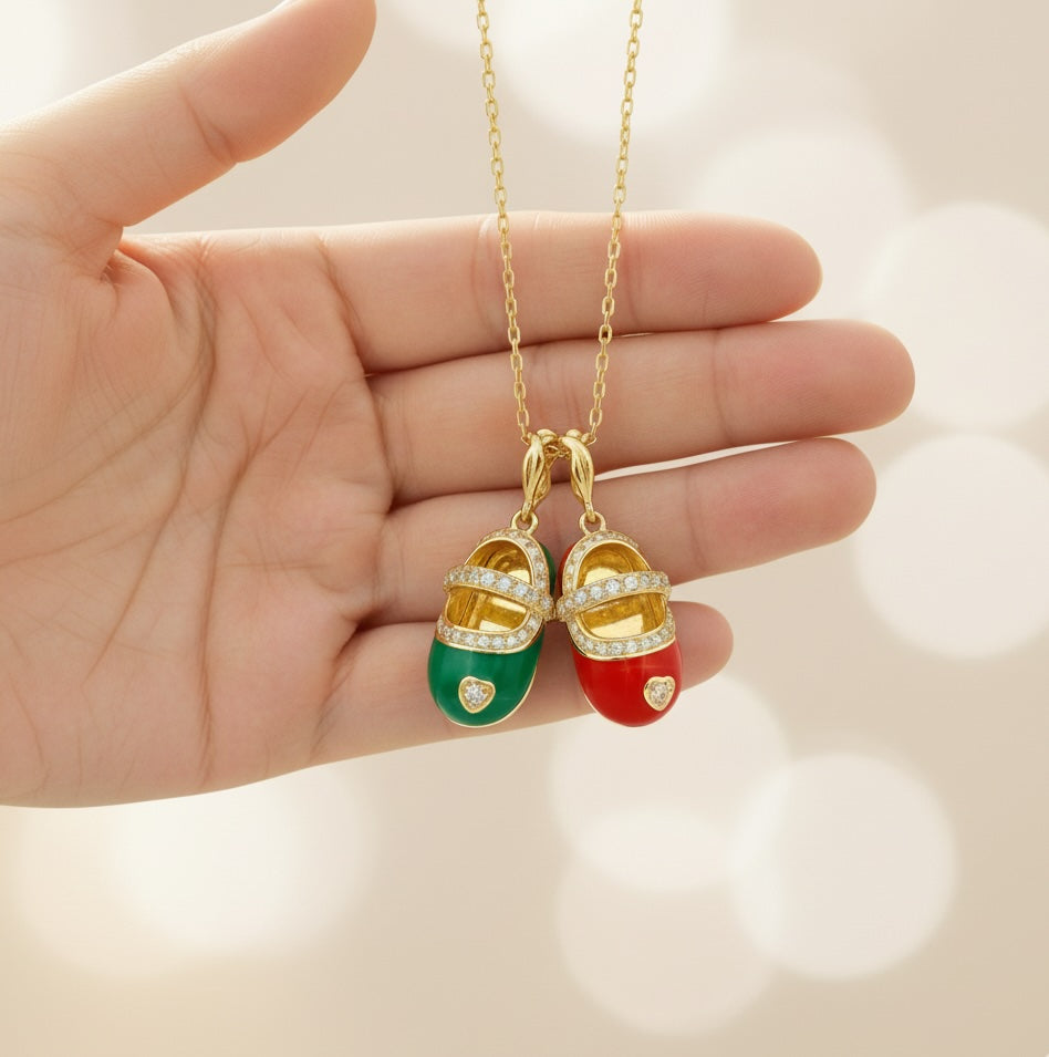 Exquisite Baby Shoe Pendant with Enamel & Sparkling Accents - Silver