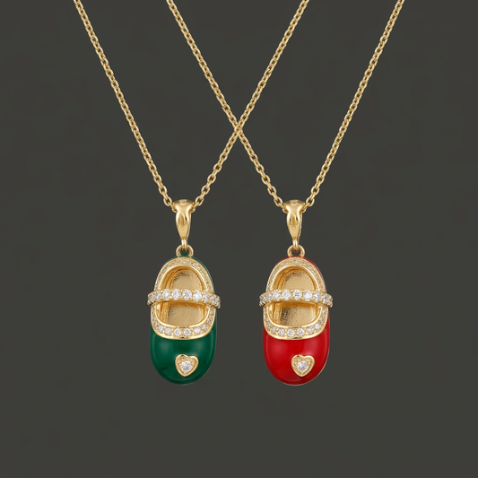Exquisite Baby Shoe Pendant with Enamel & Sparkling Accents - Solid Gold
