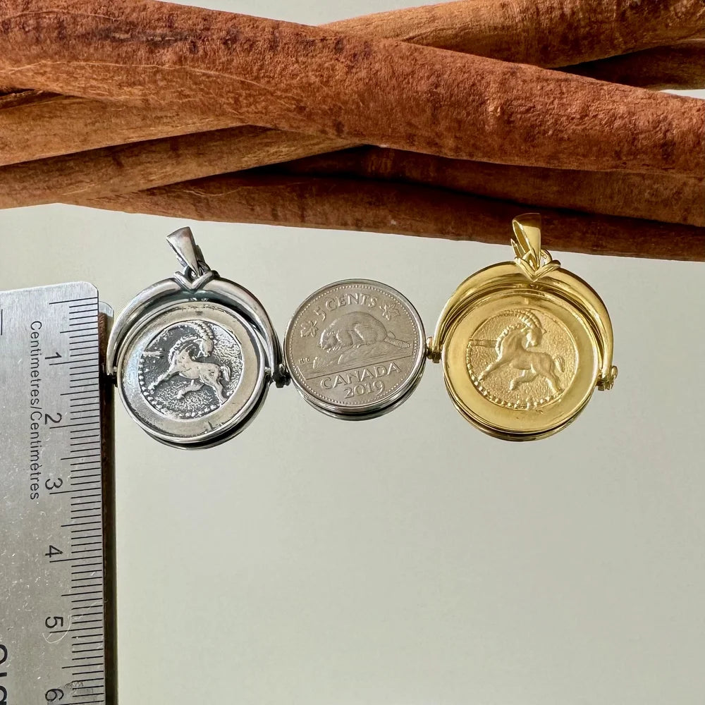 Unique gold and silver unicorn coin locket pendant, perfect for women who love vintage bohemian jewelry designs.