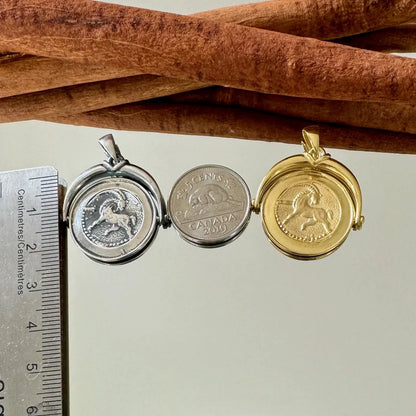 Unique gold and silver unicorn coin locket pendant, perfect for women who love vintage bohemian jewelry designs.