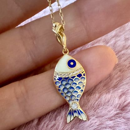 Nautical Elegance: Aqua Fish Pendants - Solid Gold