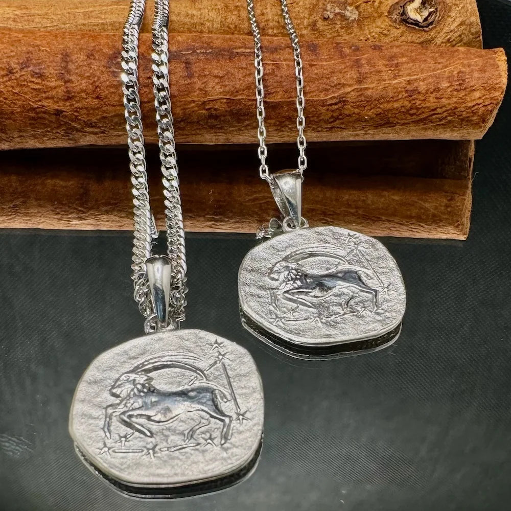 Silver Sagittarius pendant necklace set, featuring detailed zodiac motifs, perfect for unisex gifting and astrology lovers.