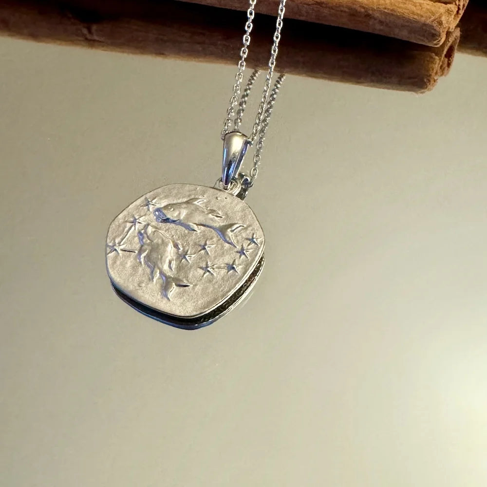 Silver zodiac pendant necklace featuring intricate fish and star designs, perfect for women who love astrology.