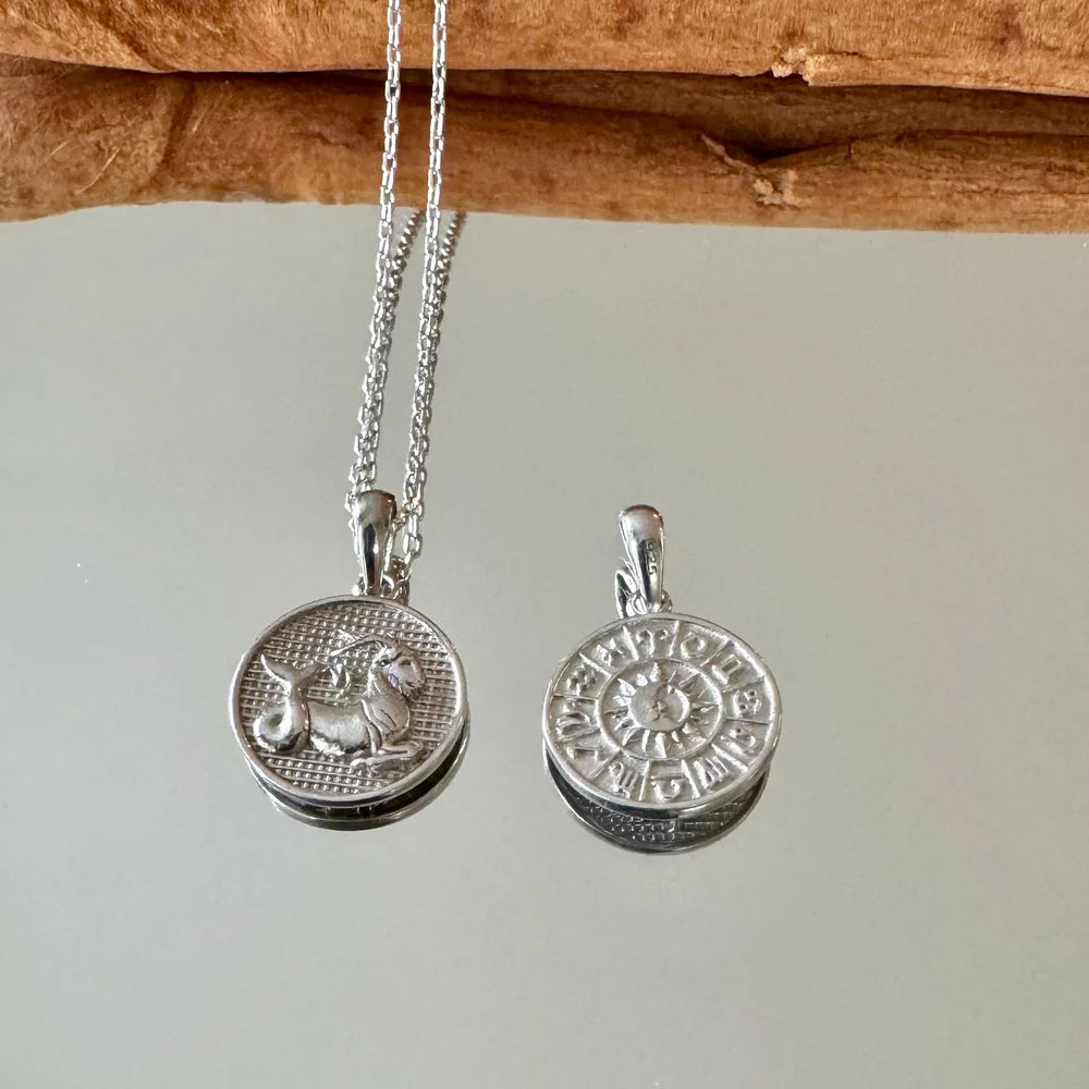 Silver zodiac charm pendant necklace for women, featuring detailed engravings, perfect for bohemian style lovers.