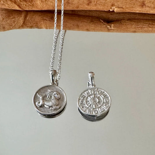 Silver zodiac pendants on a chain, perfect for men or women seeking a unique, symbolic accessory.